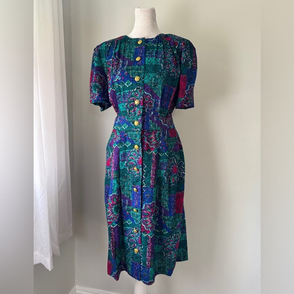 Vintage ‘90s Special Effects Multicolored Abstract Print Short Sleeve Midi Dress